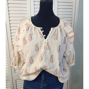 🔥 Dillard’s Ivory Peasant Top Size Large Pink & Gold Embroidery Boho